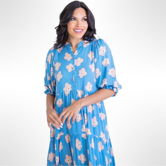 Karlie Tiered Floral Midi Dress in Blue | Small - Picture 3 of 10